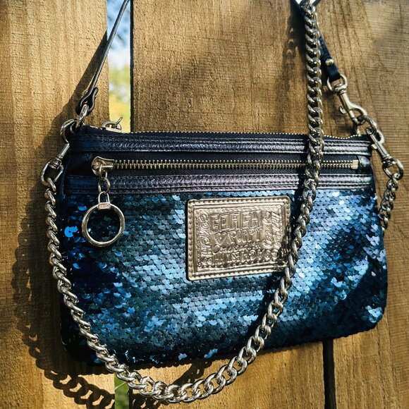 VTG Y2K Coach XL Poppy Sequin Wristlet Sapphire Blue Sparkle Purse Wallet - Picture 14 of 16